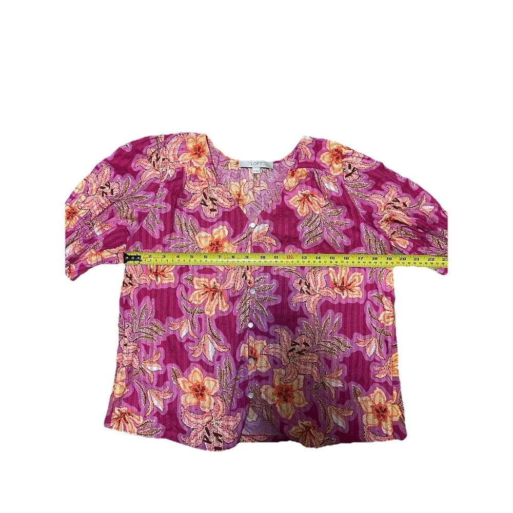 Loft Blouse Pink Orange Tropical Lilly Print Button Up Resort Vacation Sleeve